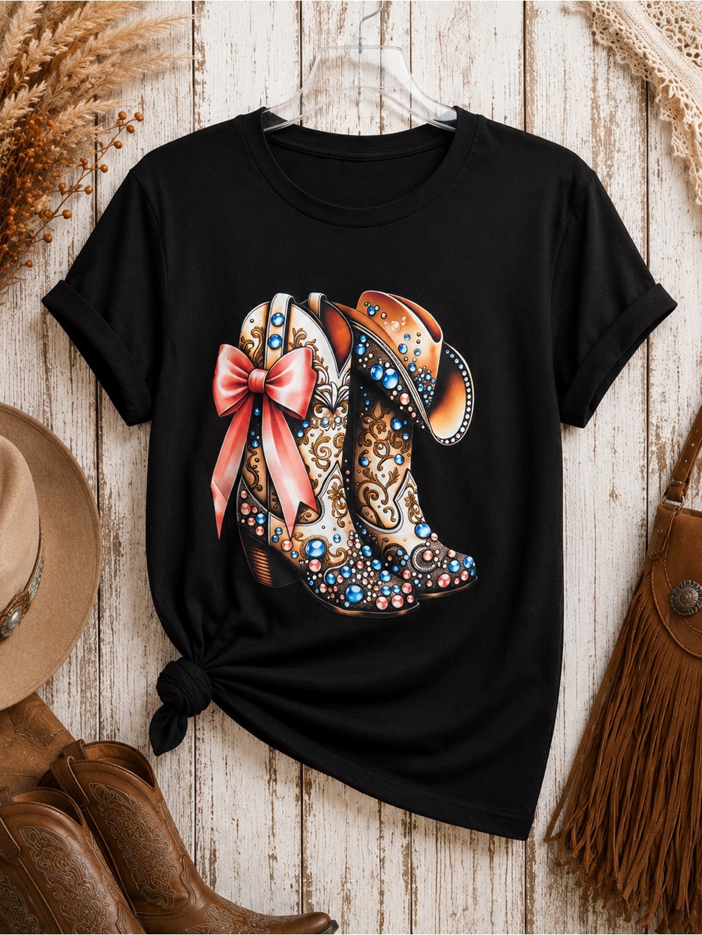 Western Cowgirl Boots & Hat Graphic Tee Pink Bow Black 100% Cotton Boutique Top